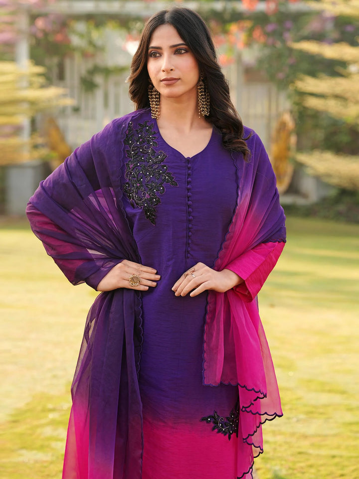 Dark Purple Embroidered Art Silk Straight Suit
