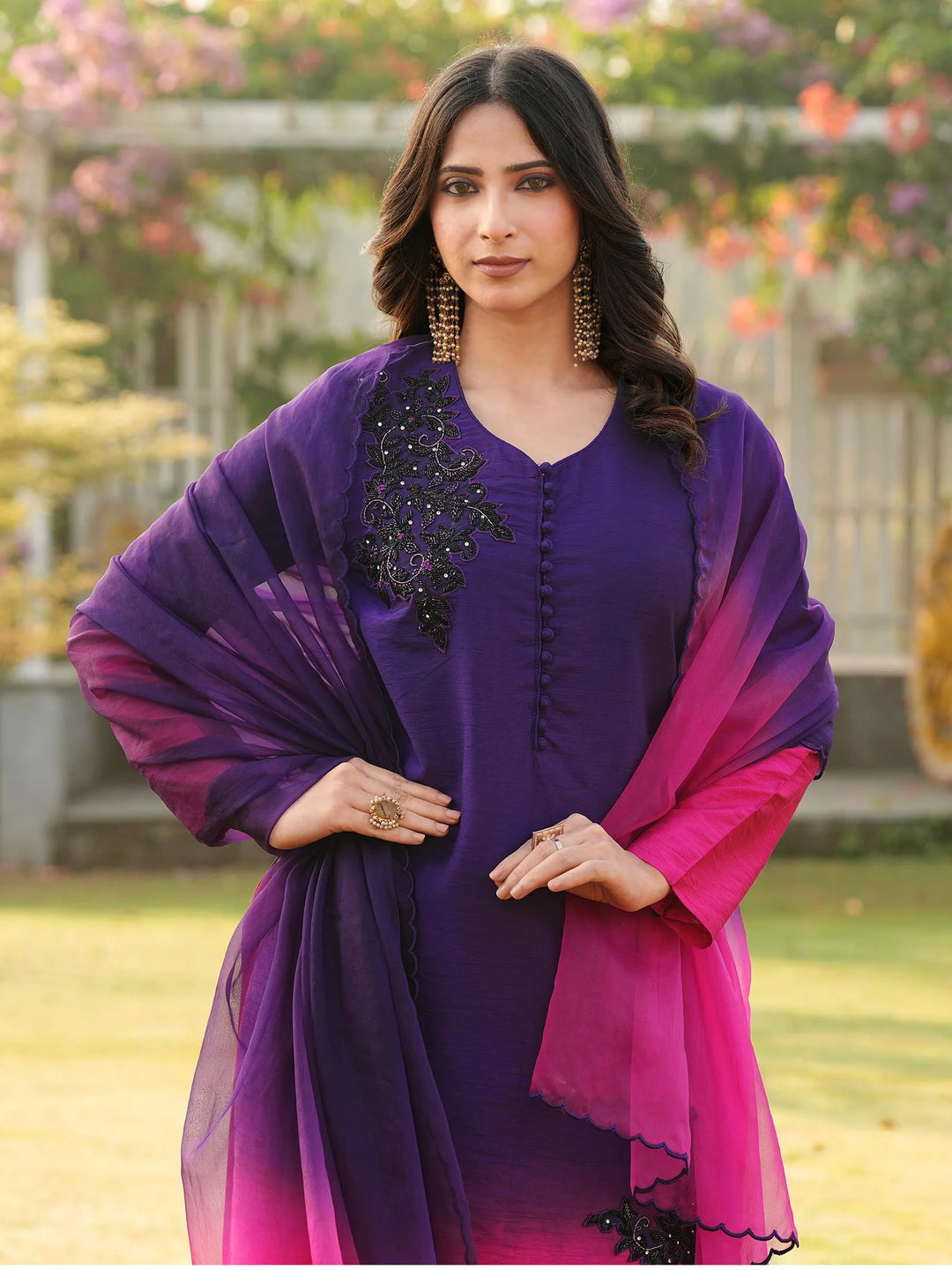 Dark Purple Embroidered Art Silk Straight Suit