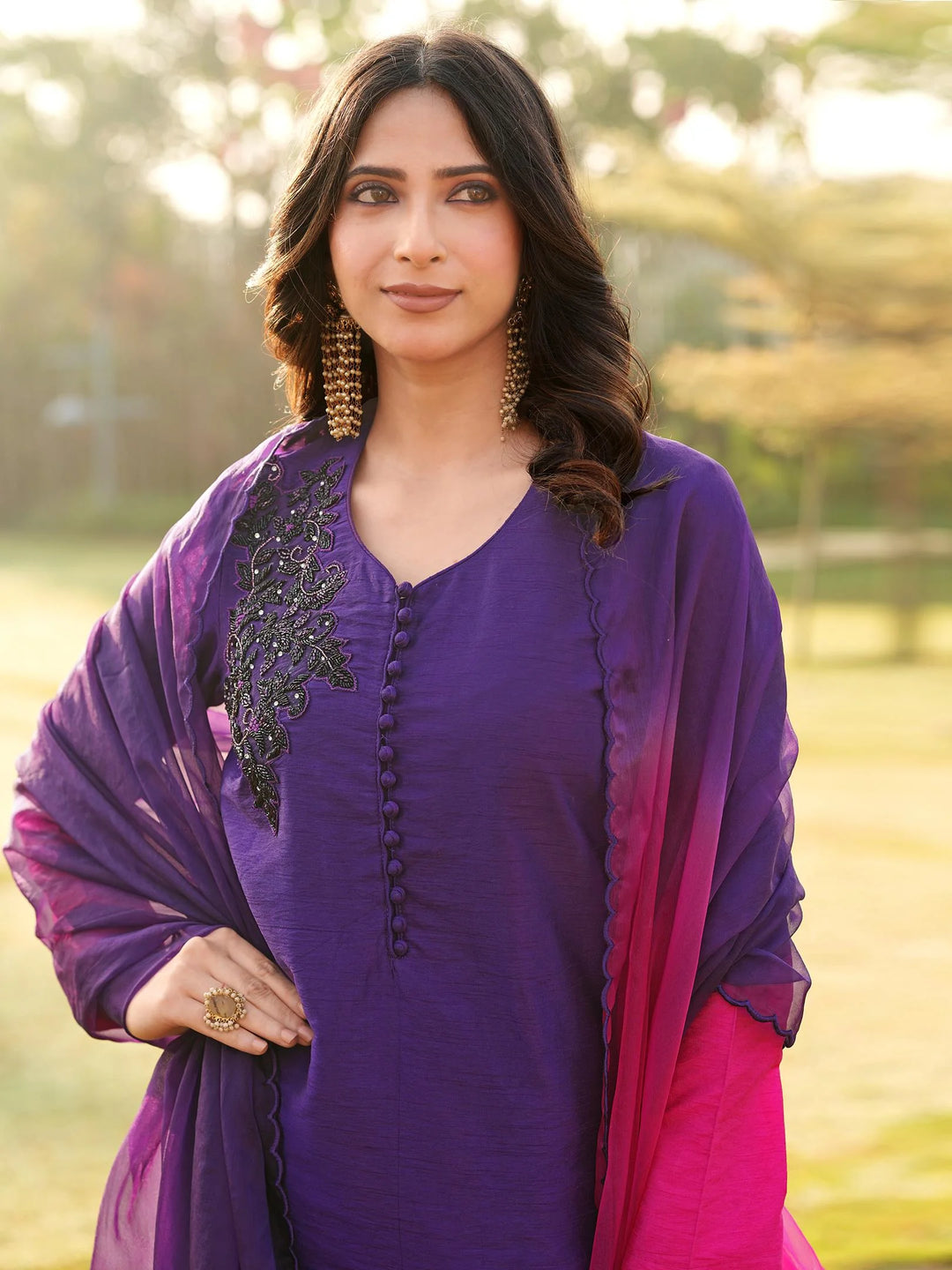 Dark Purple Embroidered Art Silk Straight Suit