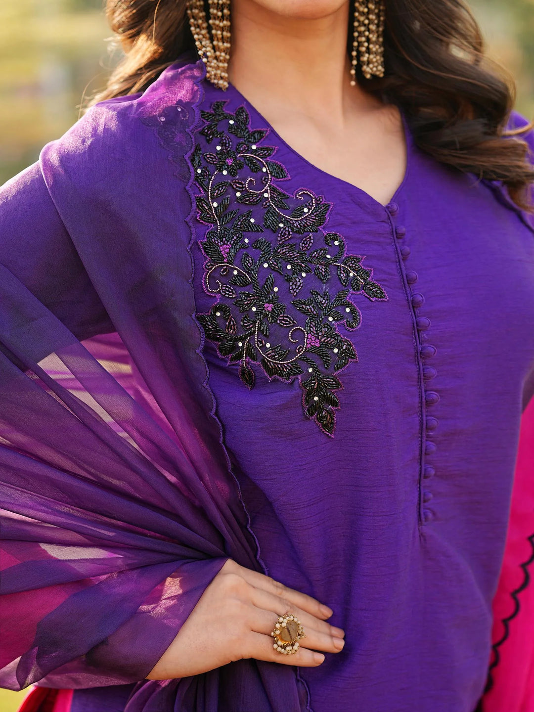 Dark Purple Embroidered Art Silk Straight Suit