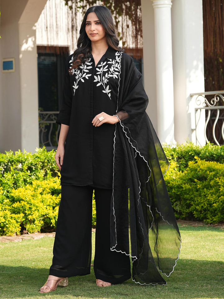 Black Embroidered Viscose Georgette Straight Suit