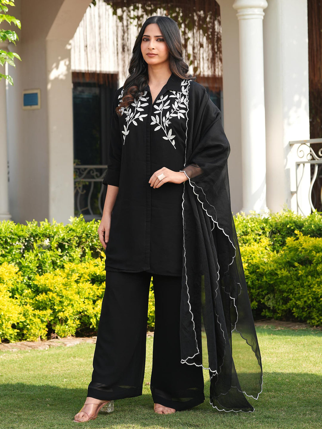 Black Embroidered Viscose Georgette Straight Suit