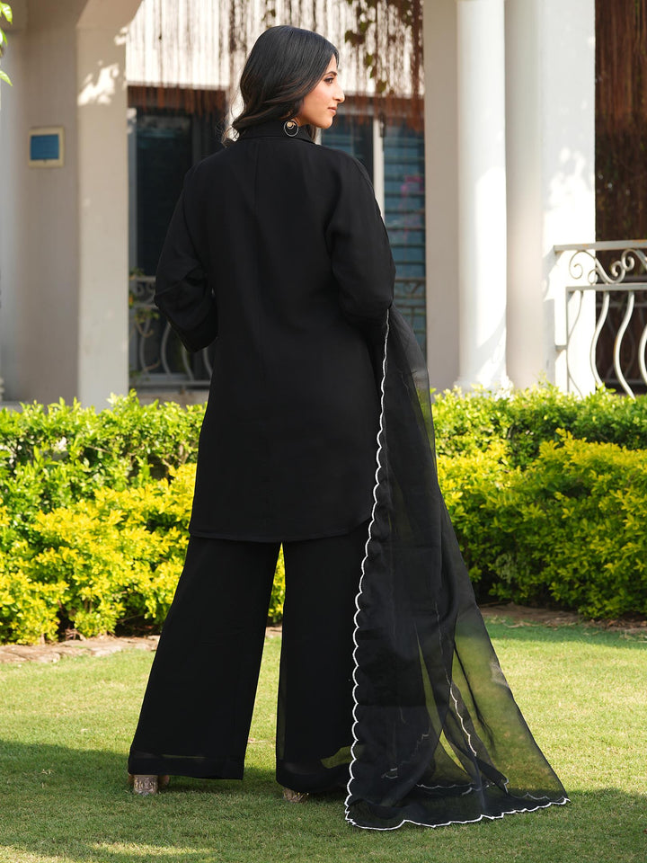 Black Embroidered Viscose Georgette Straight Suit