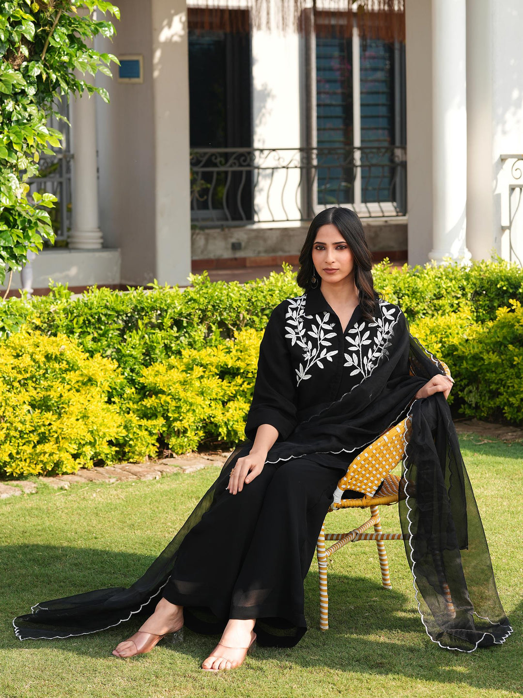 Black Embroidered Viscose Georgette Straight Suit