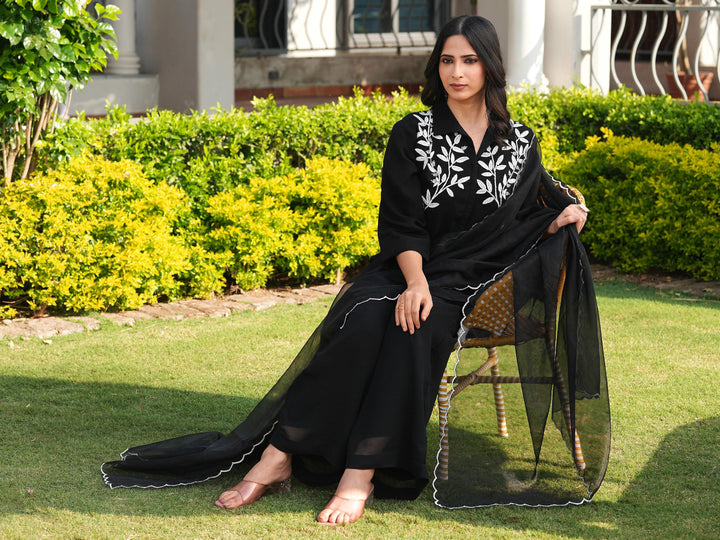 Black Embroidered Viscose Georgette Straight Suit