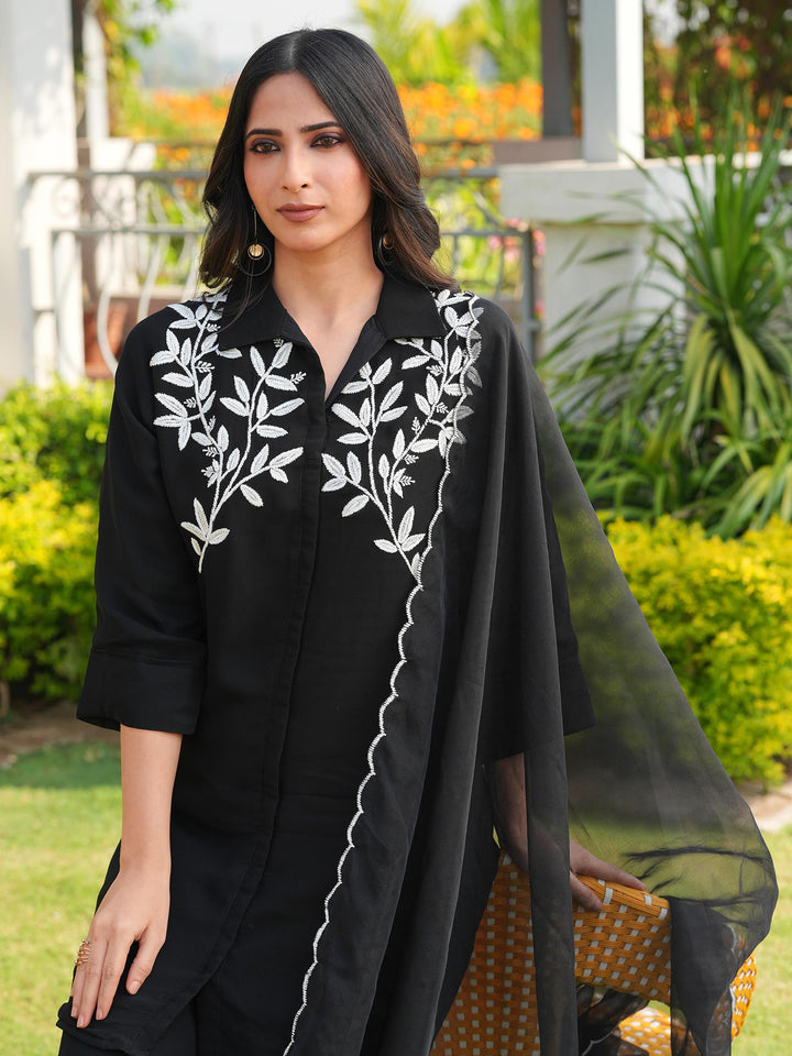 Black Embroidered Viscose Georgette Straight Suit
