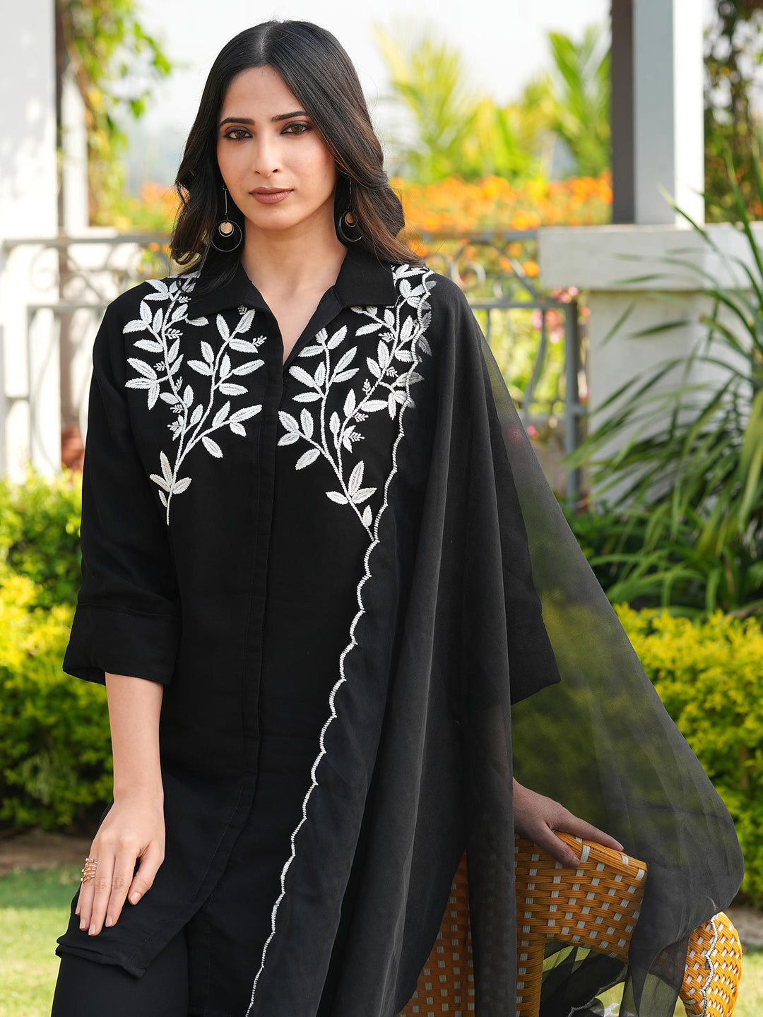 Black Embroidered Viscose Georgette Straight Suit
