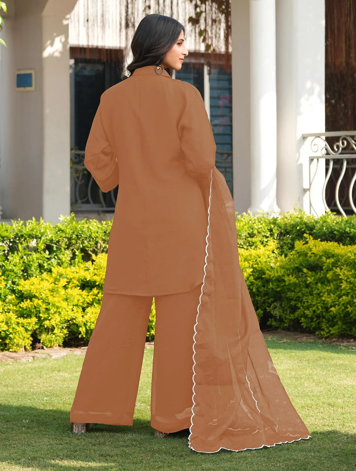 Light Brown Embroidered Viscose Georgette Straight Suit
