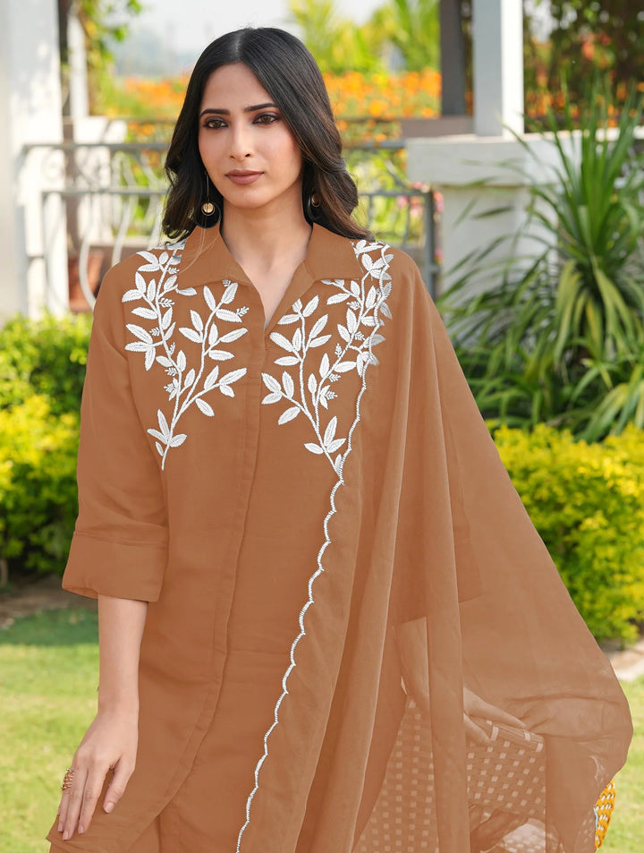 Light Brown Embroidered Viscose Georgette Straight Suit