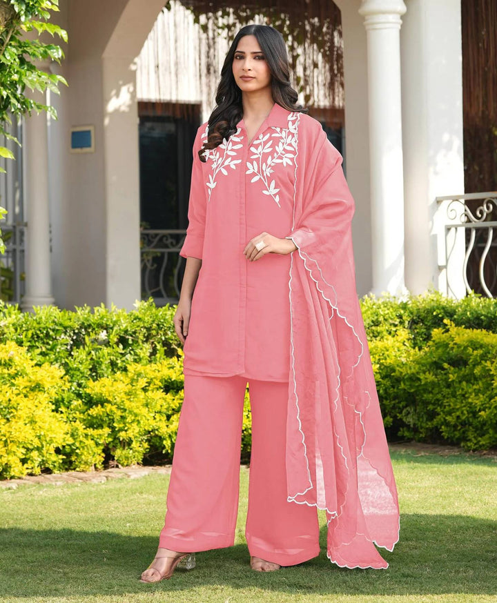Light Pink Embroidered Viscose Georgette Straight Suit