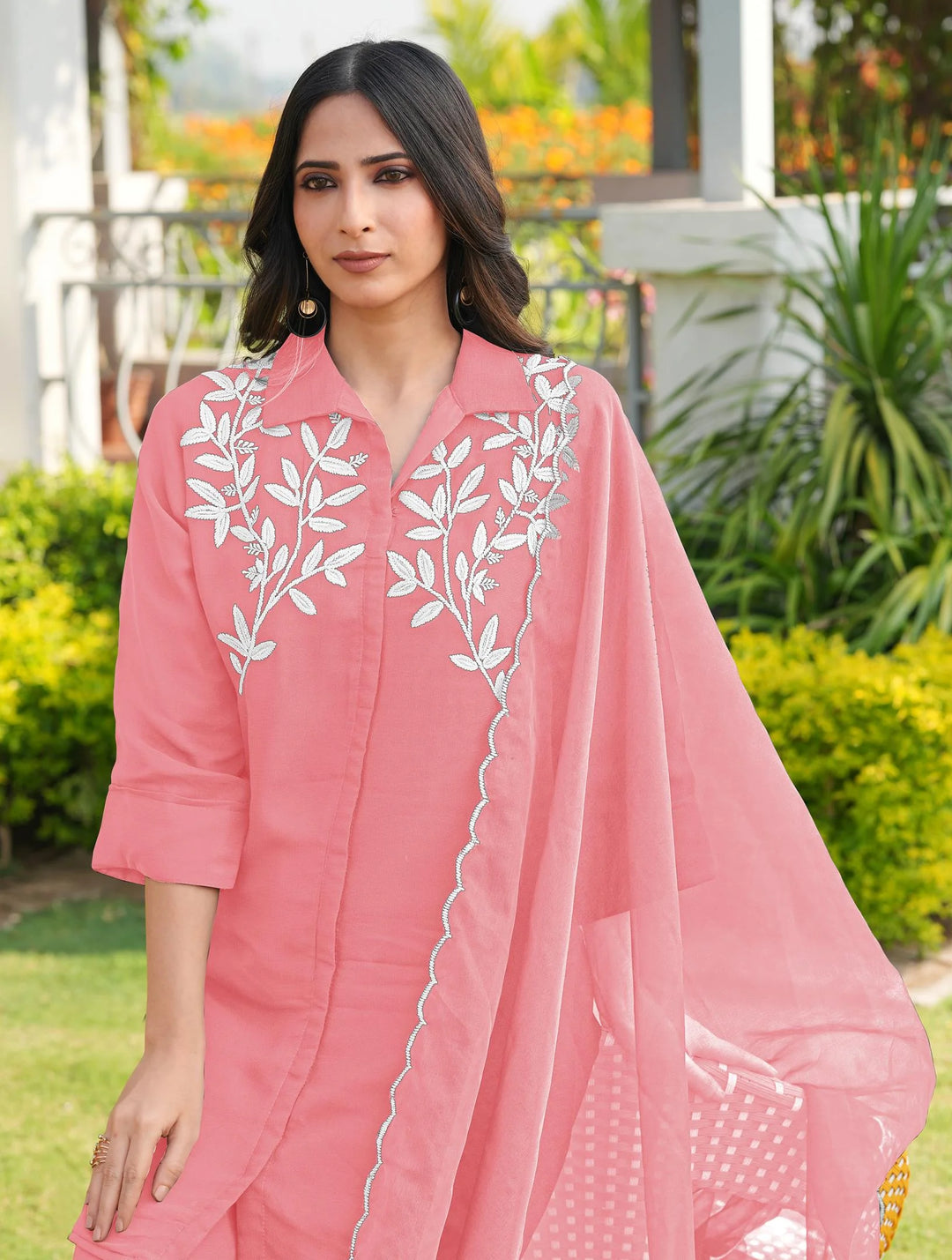 Light Pink Embroidered Viscose Georgette Straight Suit