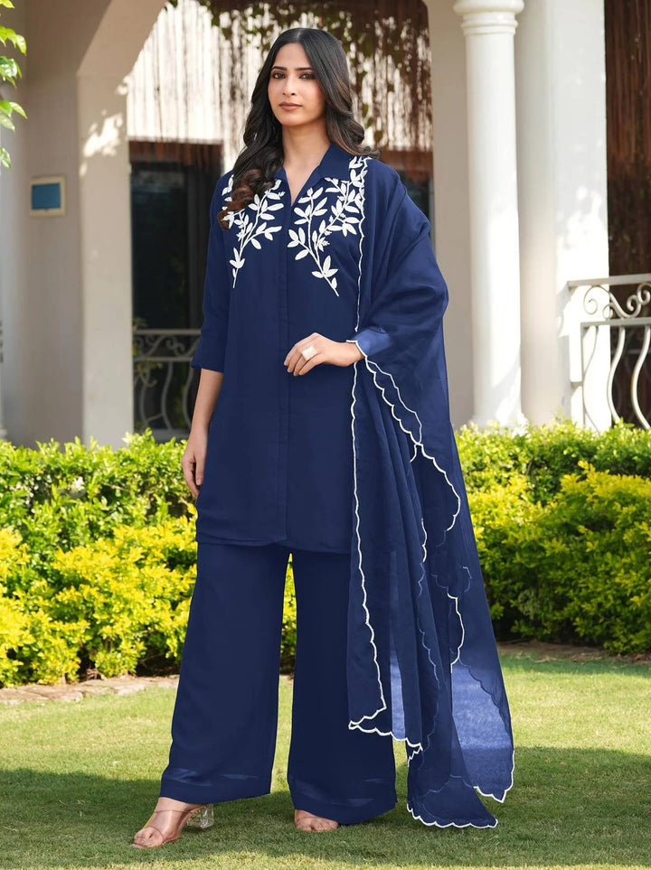 Navy Blue Embroidered Viscose Georgette Straight Suit
