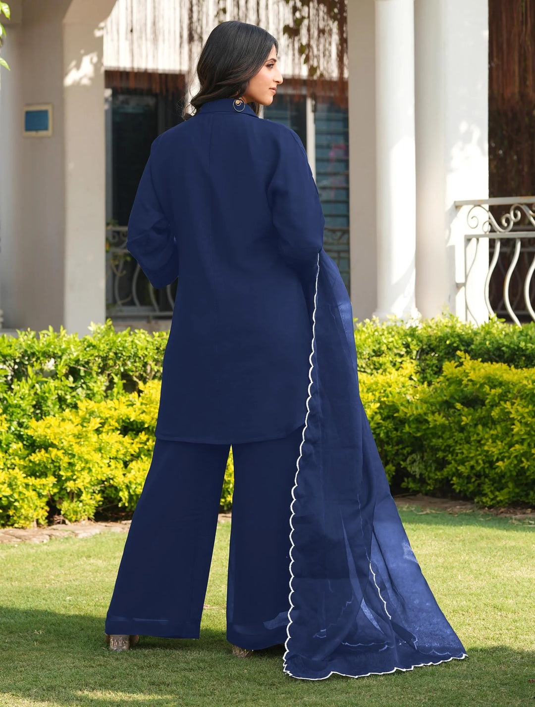 Navy Blue Embroidered Viscose Georgette Straight Suit