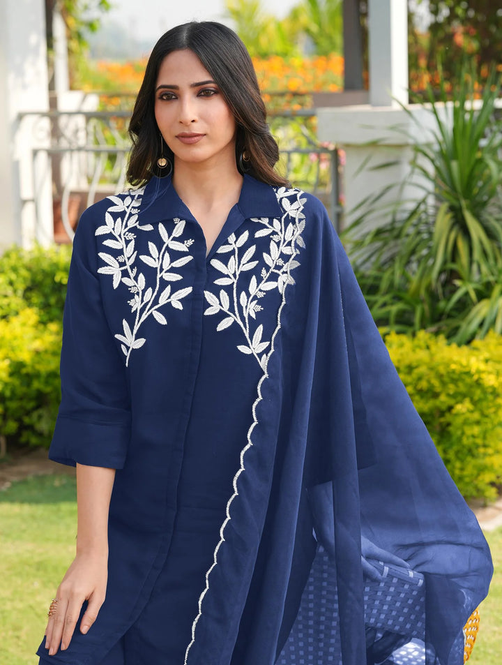 Navy Blue Embroidered Viscose Georgette Straight Suit