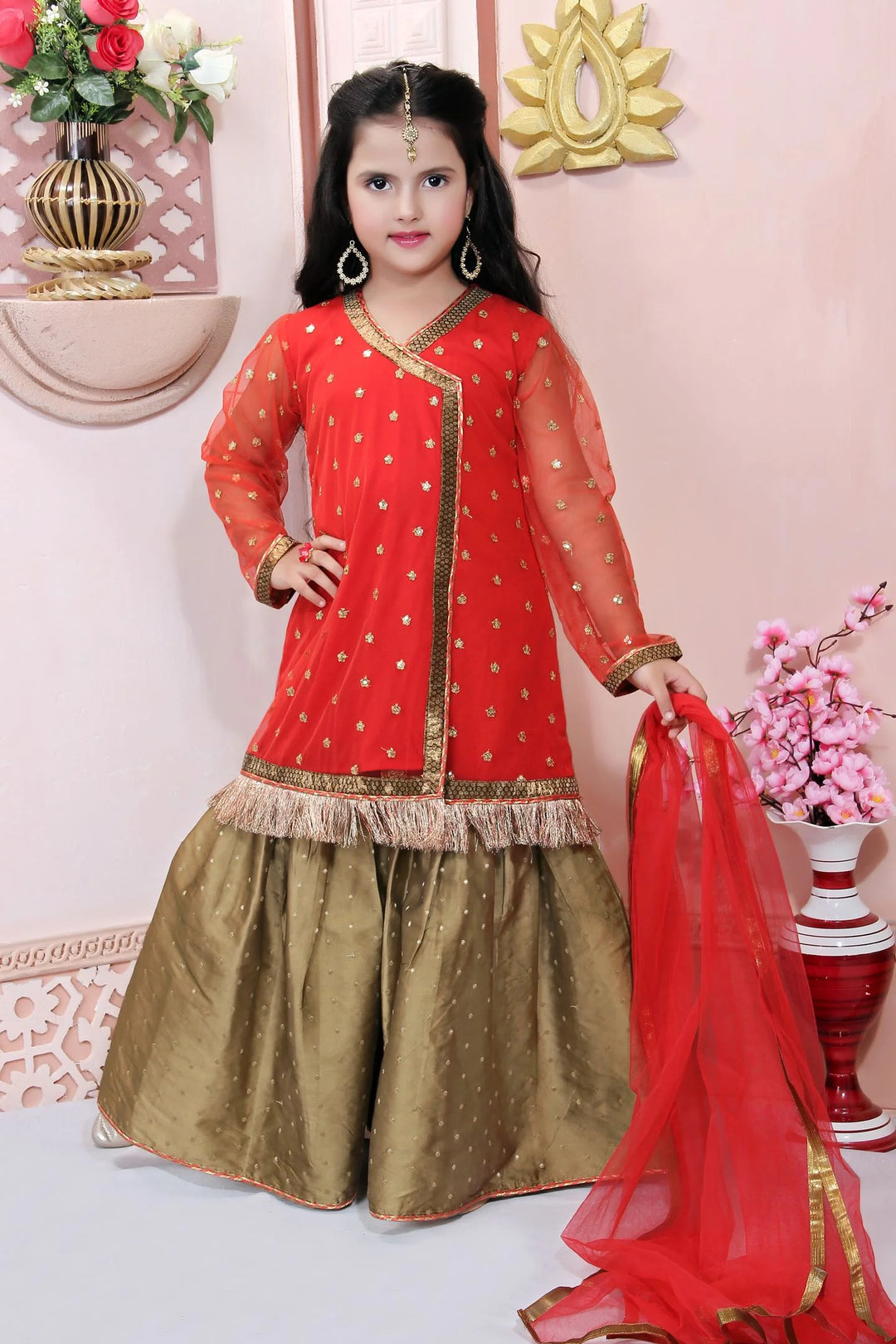 Red Embroidered Net Straight Kids Salwar Suit