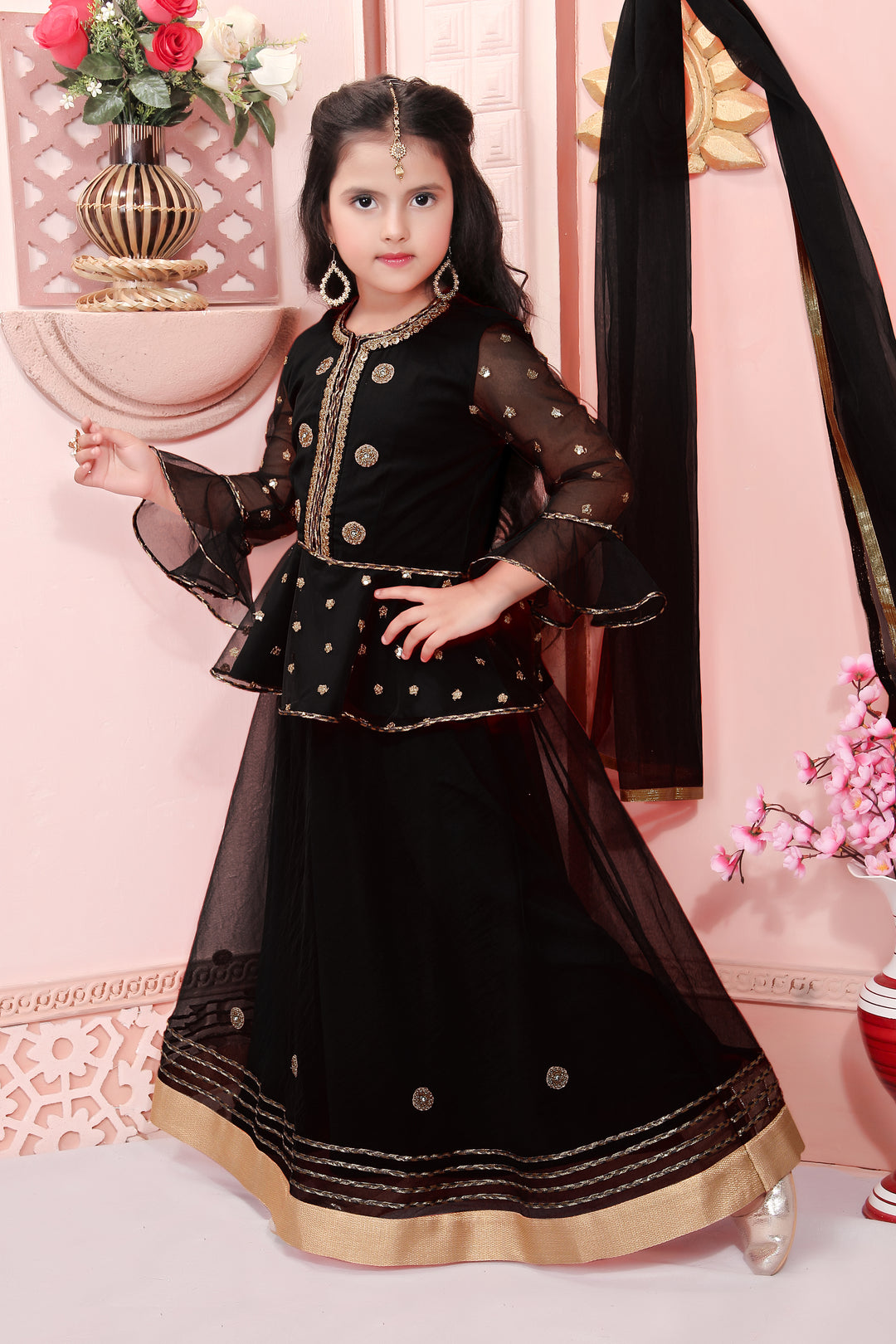 Black Embroidery Net A Line Lehenga Choli Dupatta