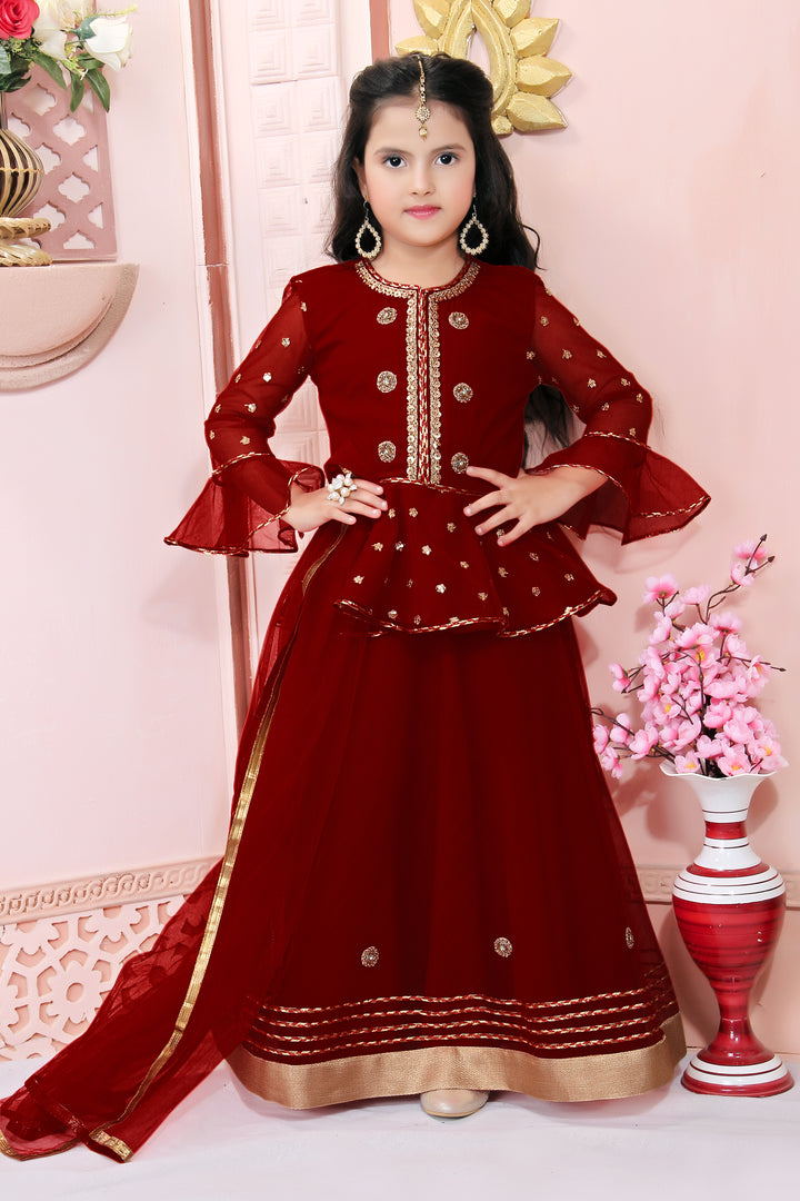 Maroon Embroidery Net A Line Lehenga Choli Dupatta
