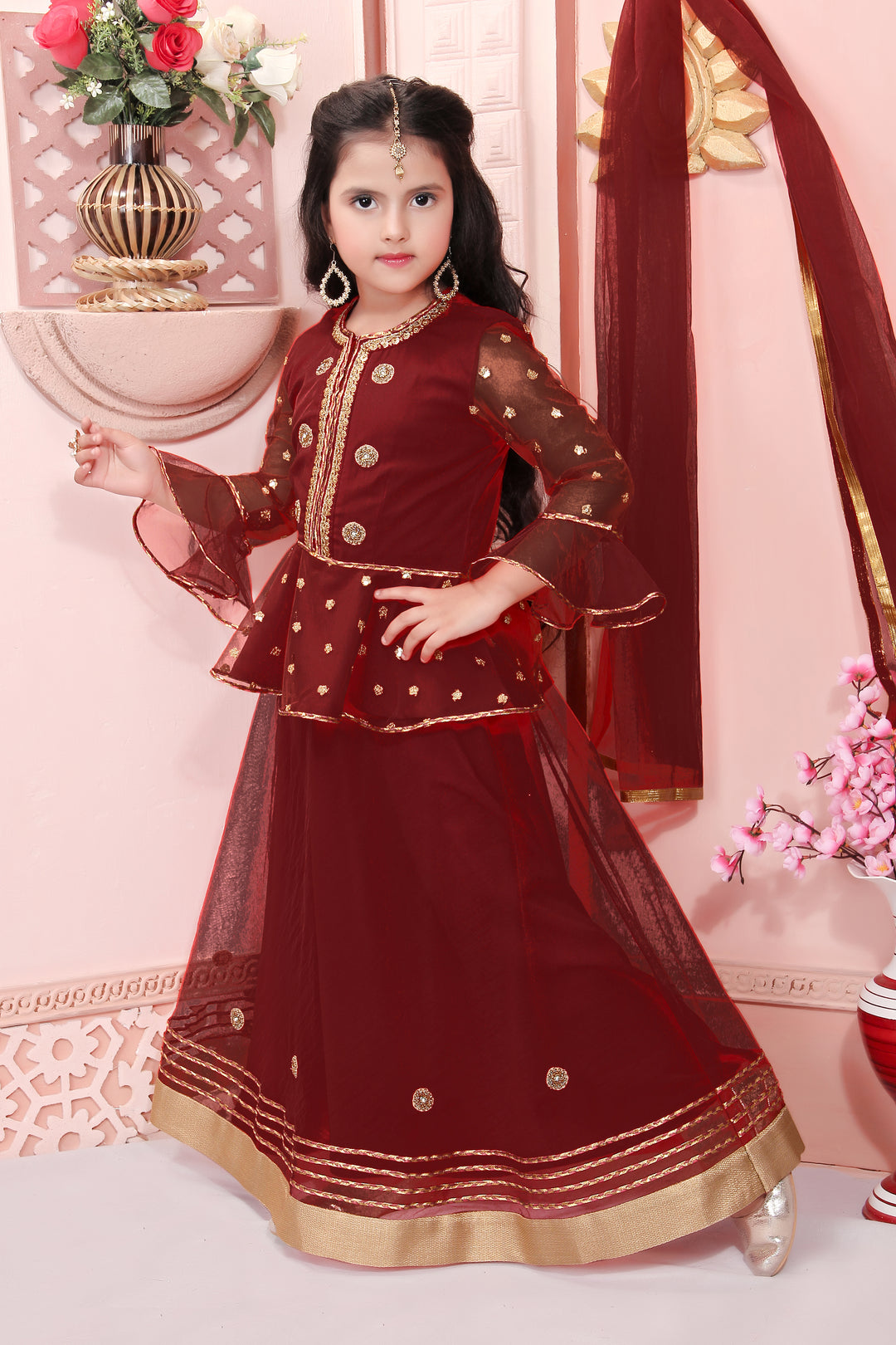 Maroon Embroidery Net A Line Lehenga Choli Dupatta