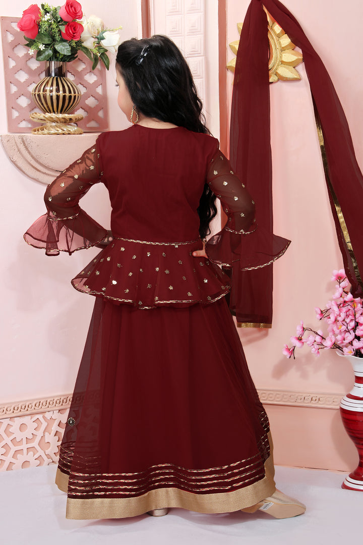 Maroon Embroidery Net A Line Lehenga Choli Dupatta
