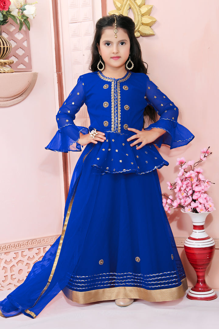 Royal Blue Embroidery Net A Line Lehenga Choli Dupatta