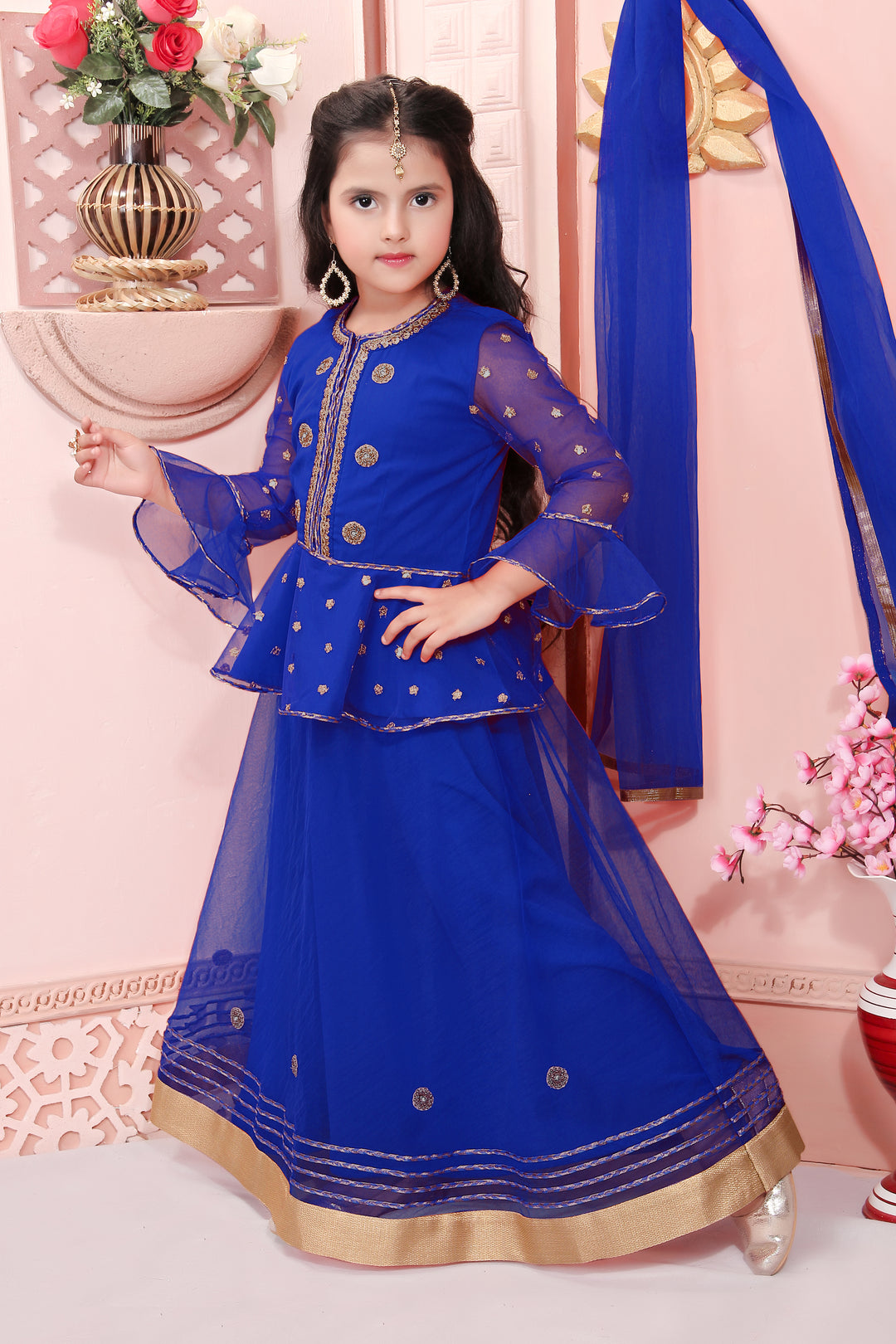 Royal Blue Embroidery Net A Line Lehenga Choli Dupatta