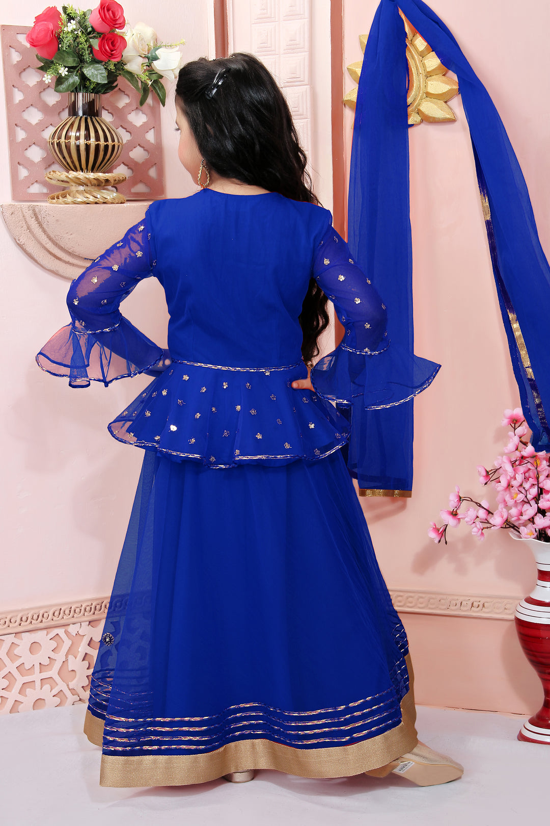 Royal Blue Embroidery Net A Line Lehenga Choli Dupatta