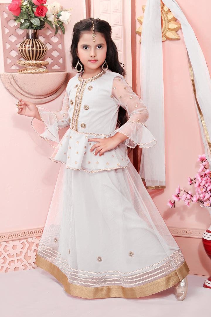 White Embroidery Net A Line Lehenga Choli Dupatta
