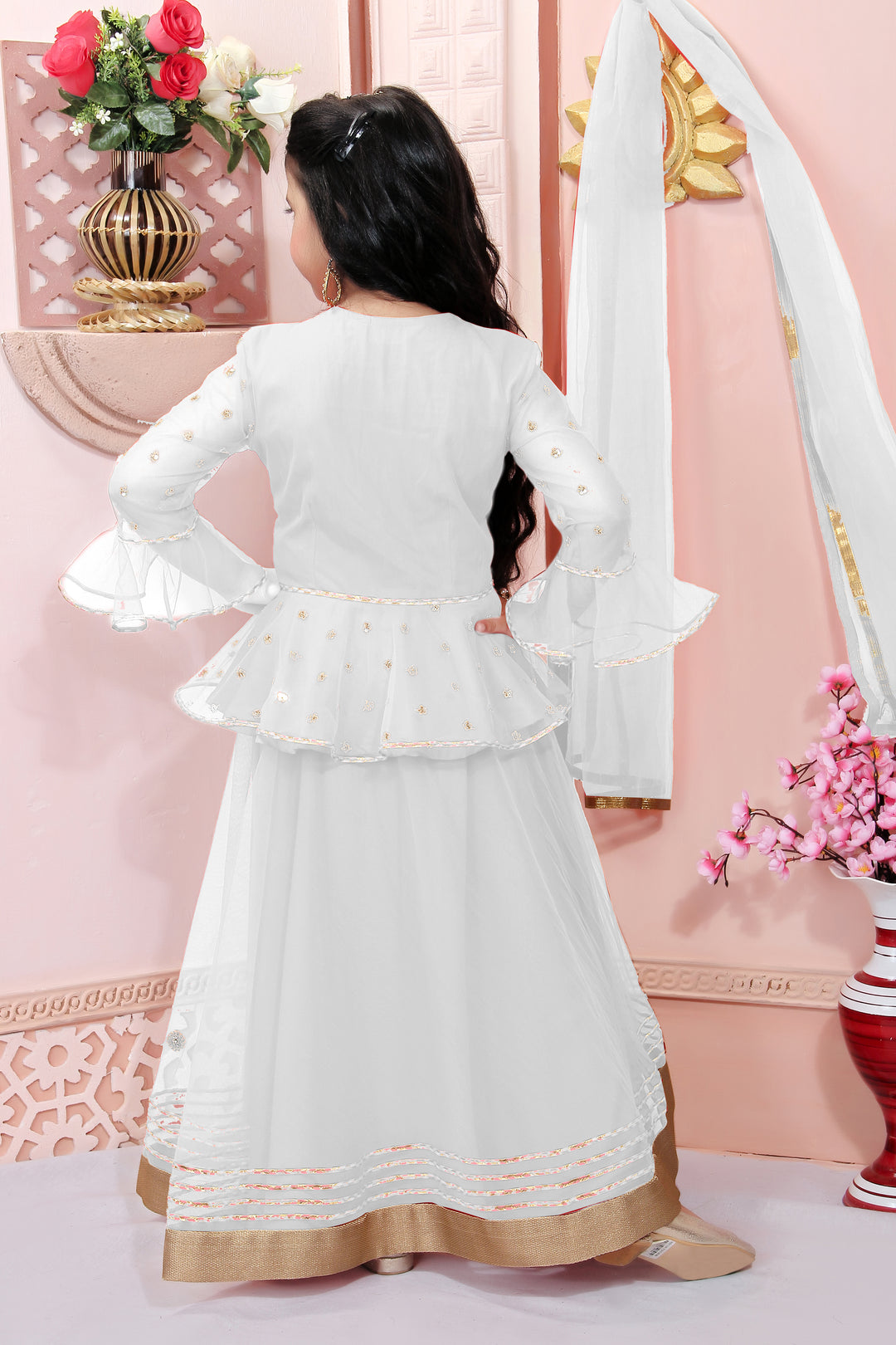 White Embroidery Net A Line Lehenga Choli Dupatta