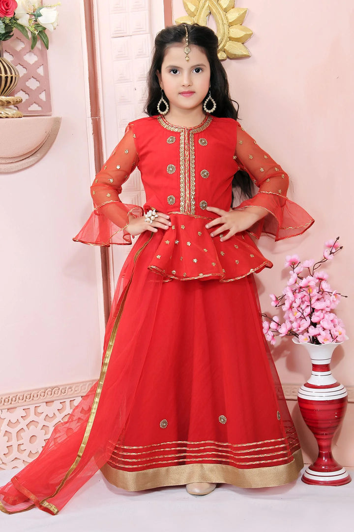 Red Embroidery Net A Line Lehenga Choli Dupatta