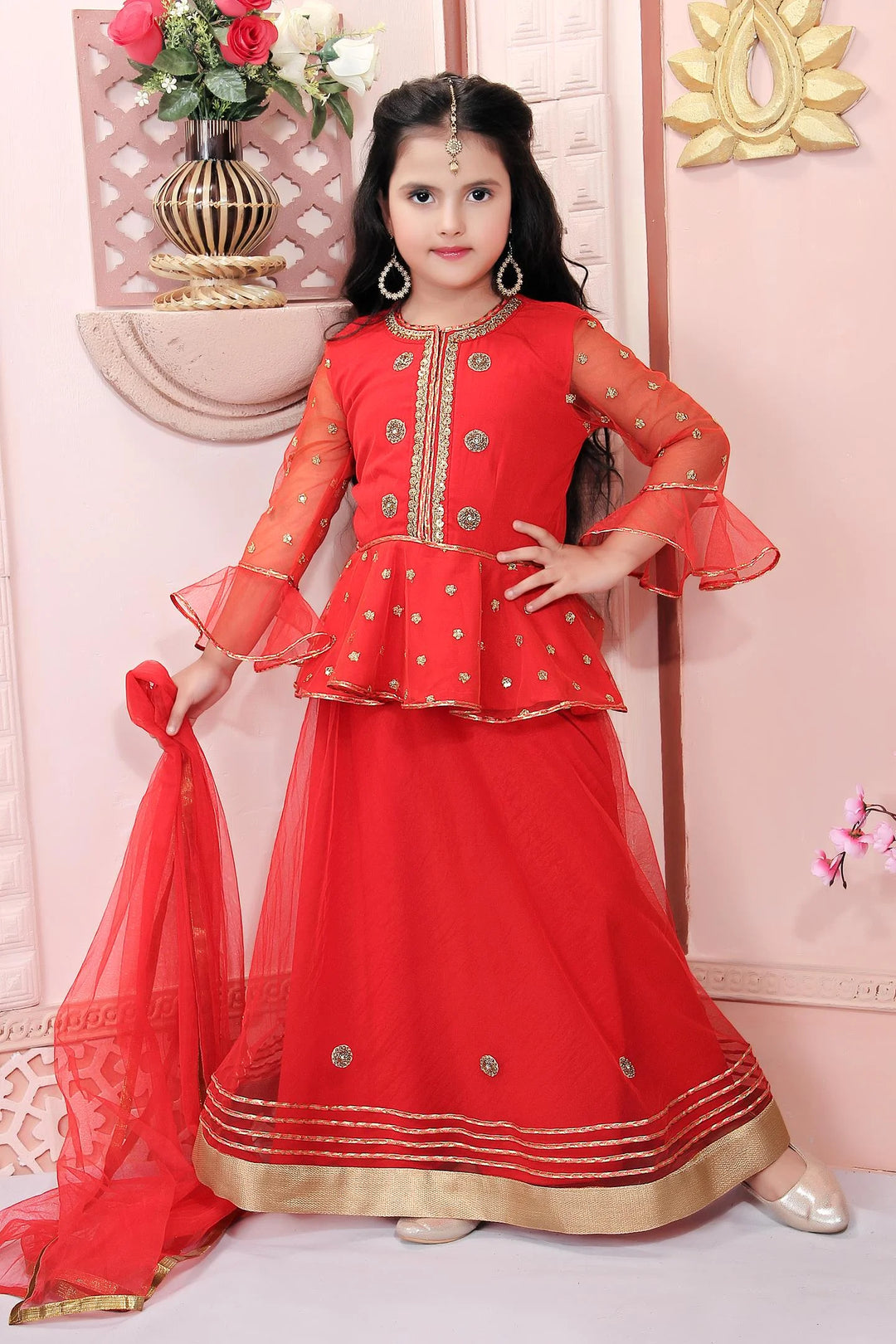 Red Embroidery Net A Line Lehenga Choli Dupatta