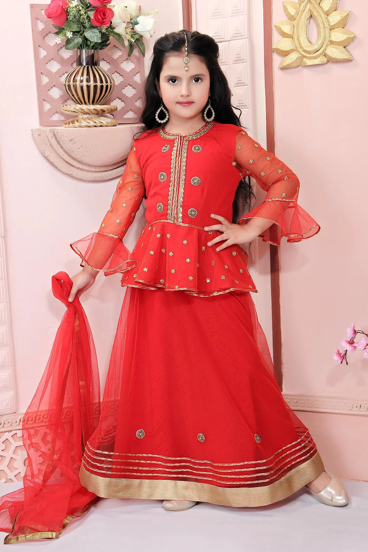 Red Embroidery Net A Line Lehenga Choli Dupatta