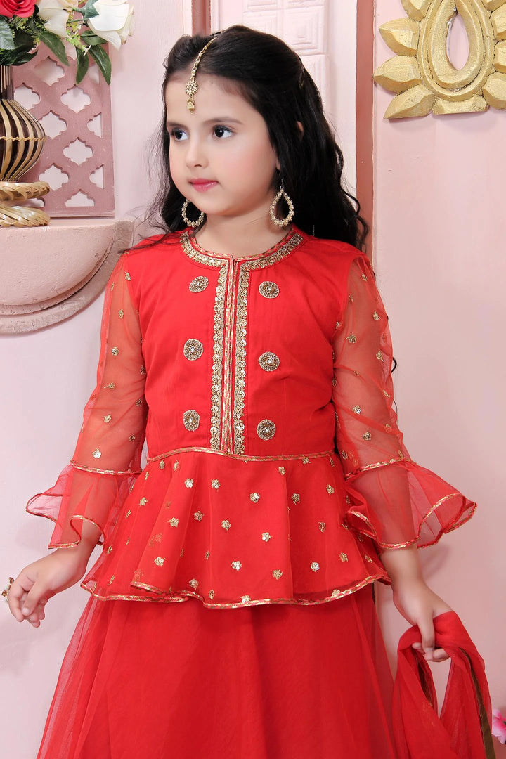 Red Embroidery Net A Line Lehenga Choli Dupatta