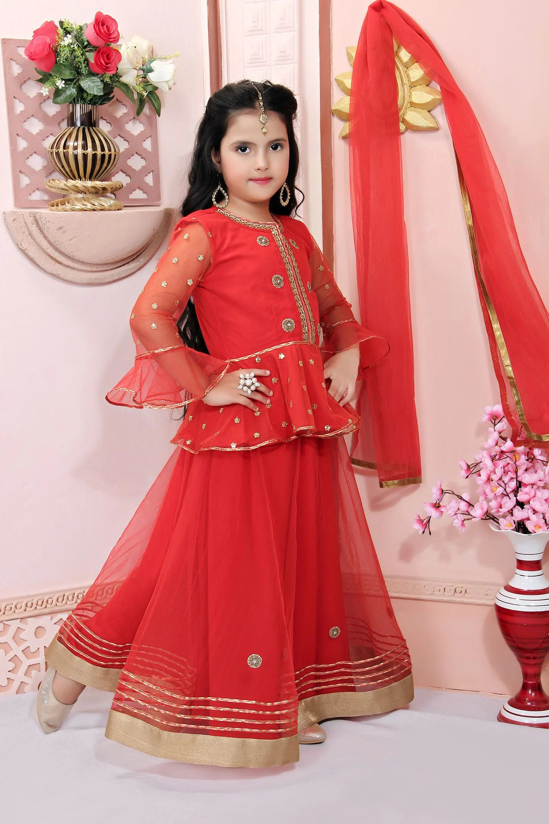 Red Embroidery Net A Line Lehenga Choli Dupatta