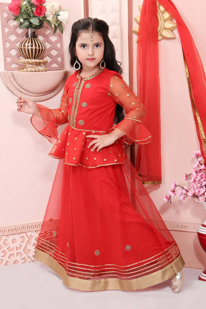 Red Embroidery Net A Line Lehenga Choli Dupatta