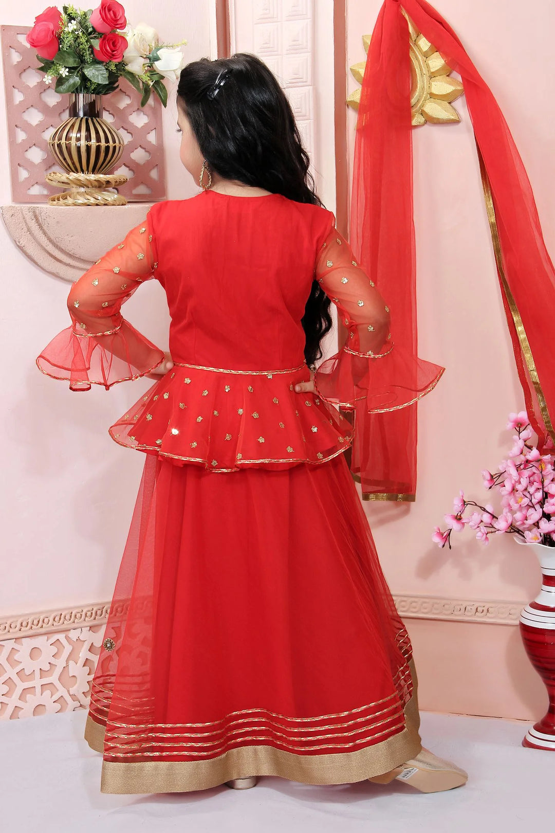 Red Embroidery Net A Line Lehenga Choli Dupatta