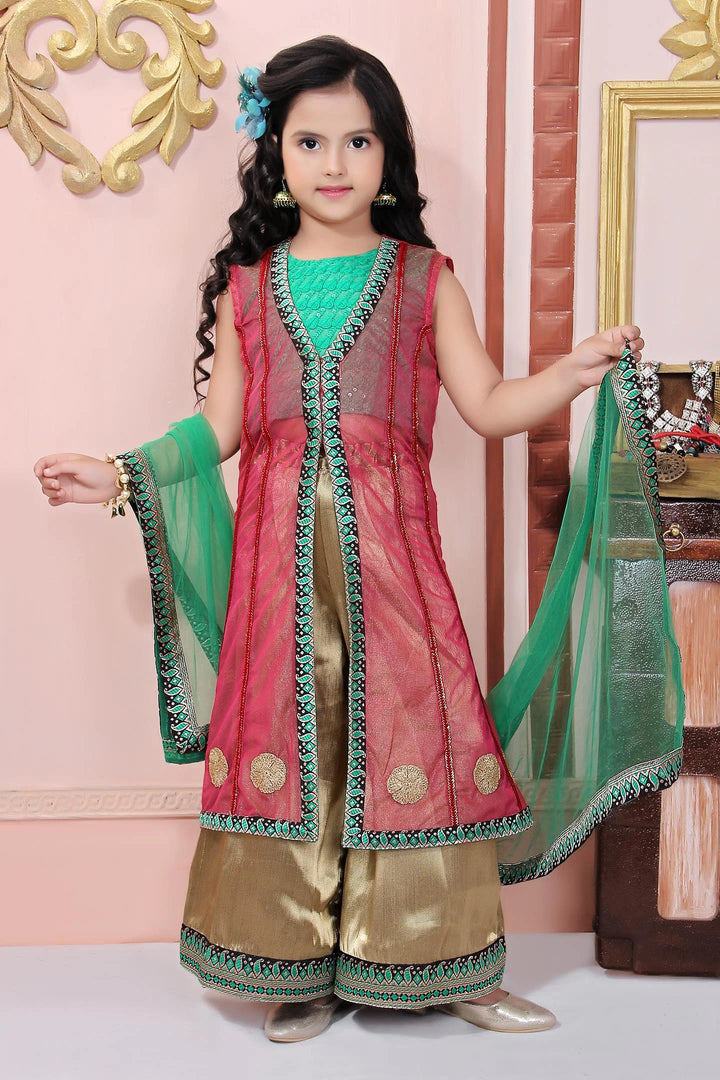 Pink Embroidered Net Straight Kids Salwar Suit