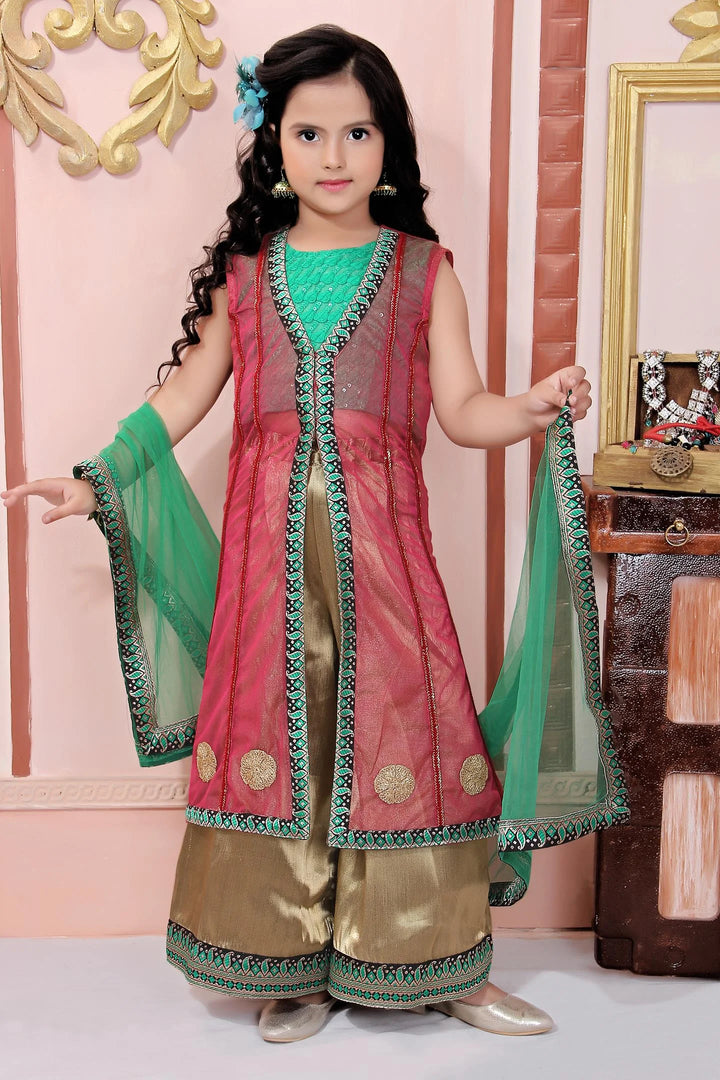 Pink Embroidered Net Straight Kids Salwar Suit