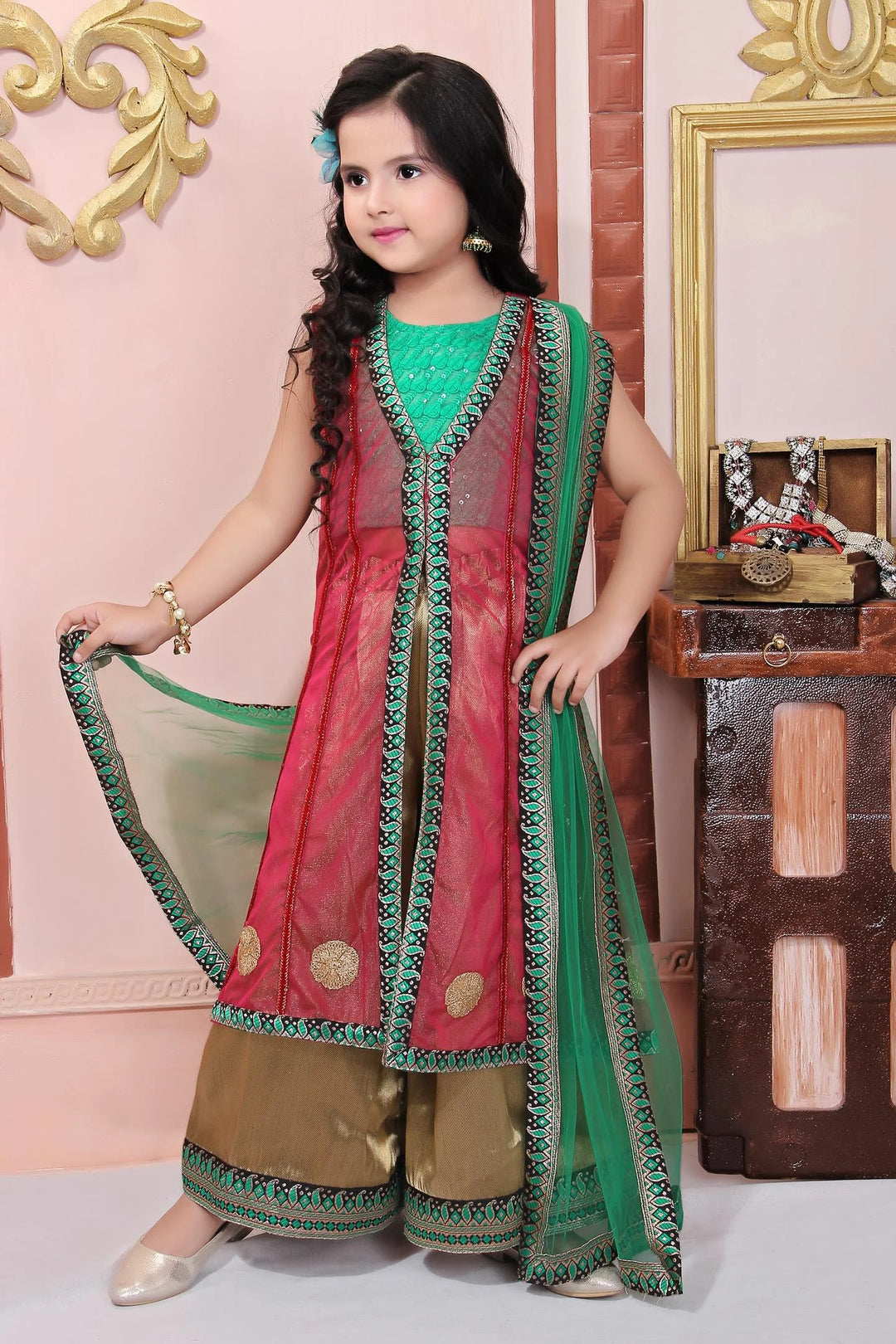 Pink Embroidered Net Straight Kids Salwar Suit