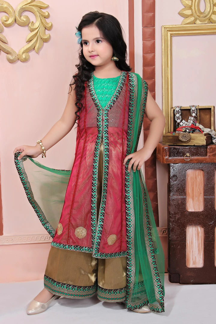 Pink Embroidered Net Straight Kids Salwar Suit
