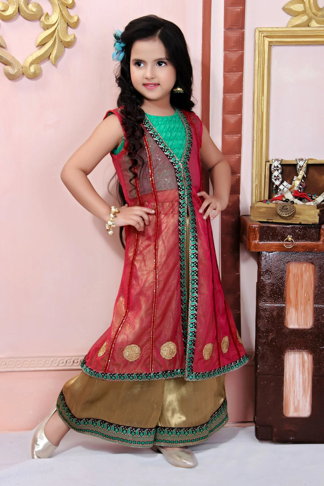 Pink Embroidered Net Straight Kids Salwar Suit