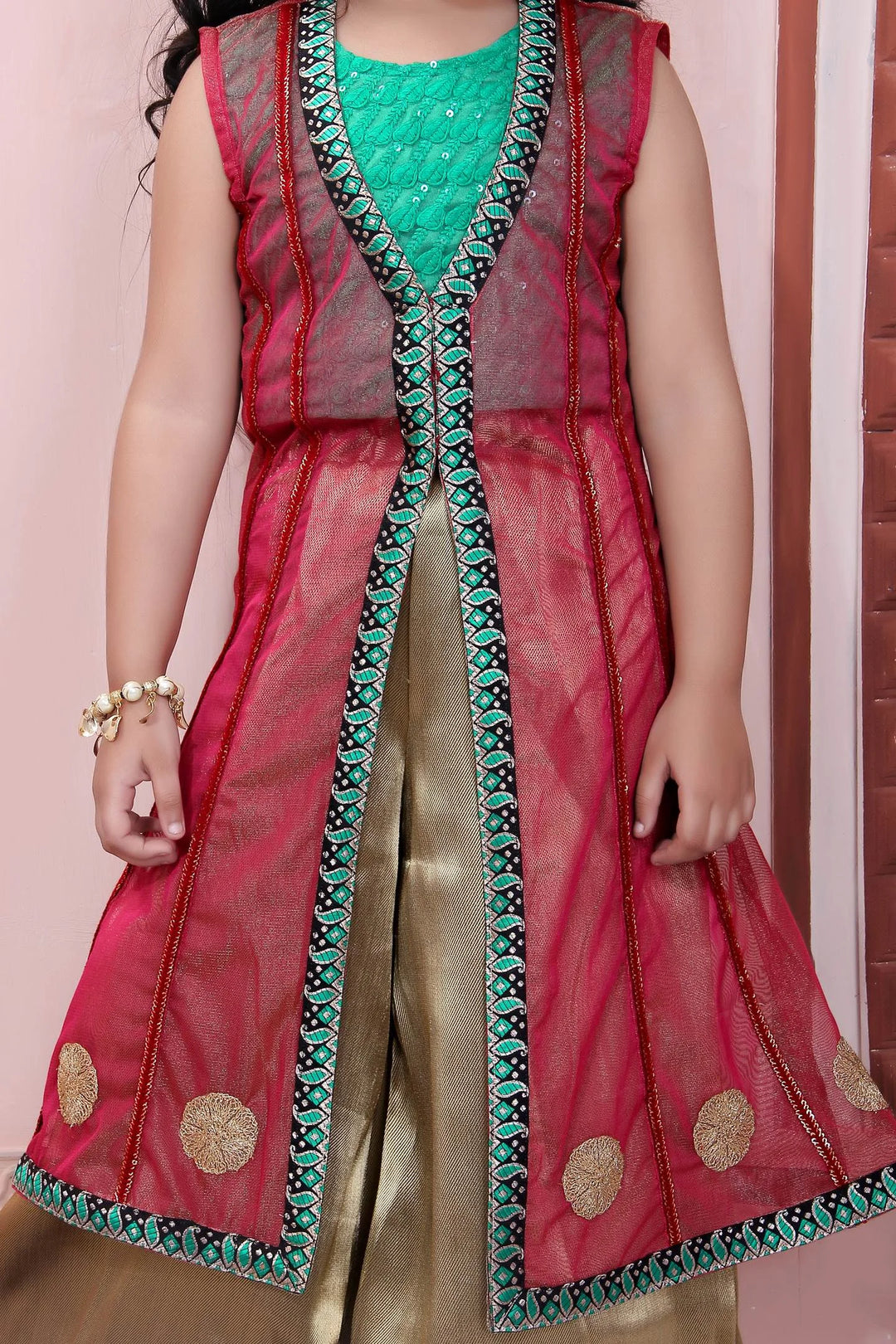 Pink Embroidered Net Straight Kids Salwar Suit