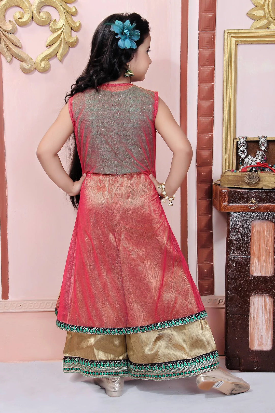 Pink Embroidered Net Straight Kids Salwar Suit
