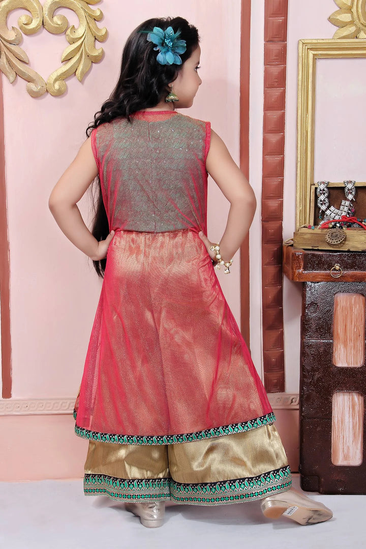 Pink Embroidered Net Straight Kids Salwar Suit