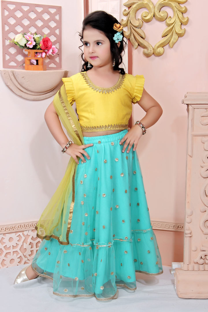 Yellow Embroidery Cotton A Line Lehenga Choli Dupatta