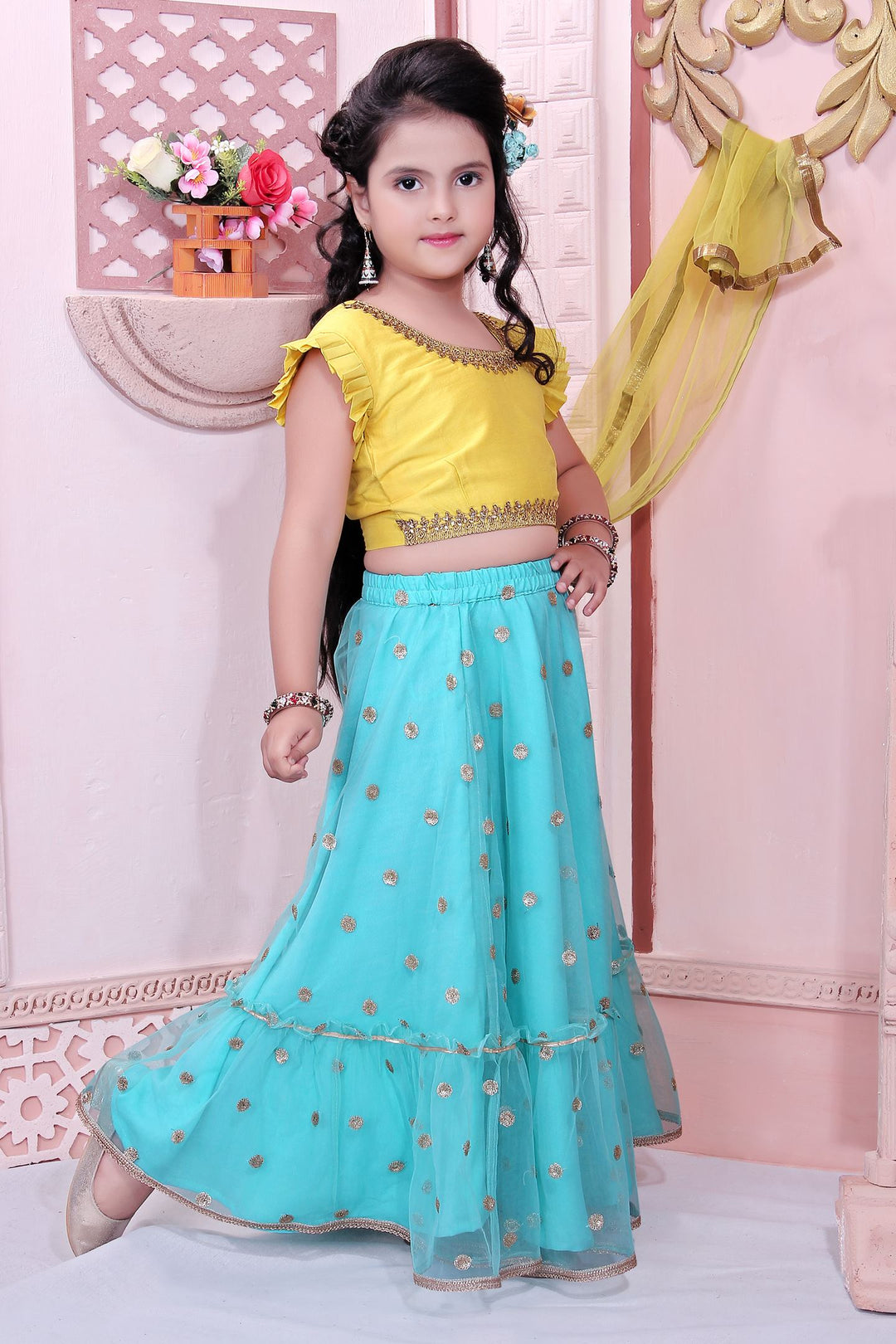 Yellow Embroidery Cotton A Line Lehenga Choli Dupatta
