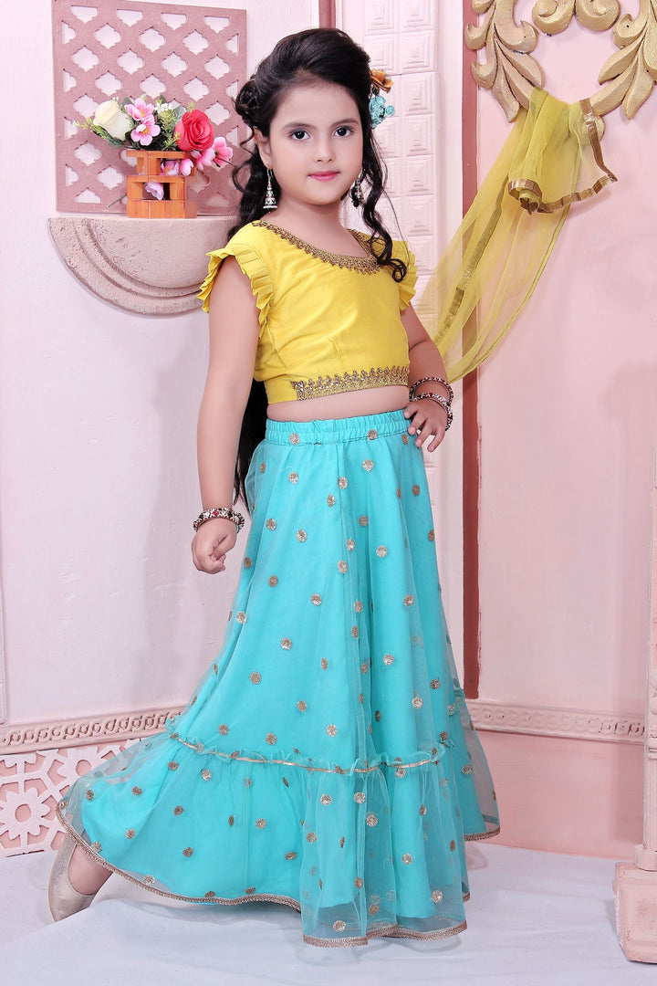 Yellow Embroidery Cotton A Line Lehenga Choli Dupatta