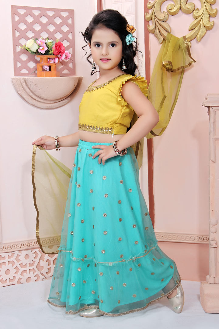 Yellow Embroidery Cotton A Line Lehenga Choli Dupatta
