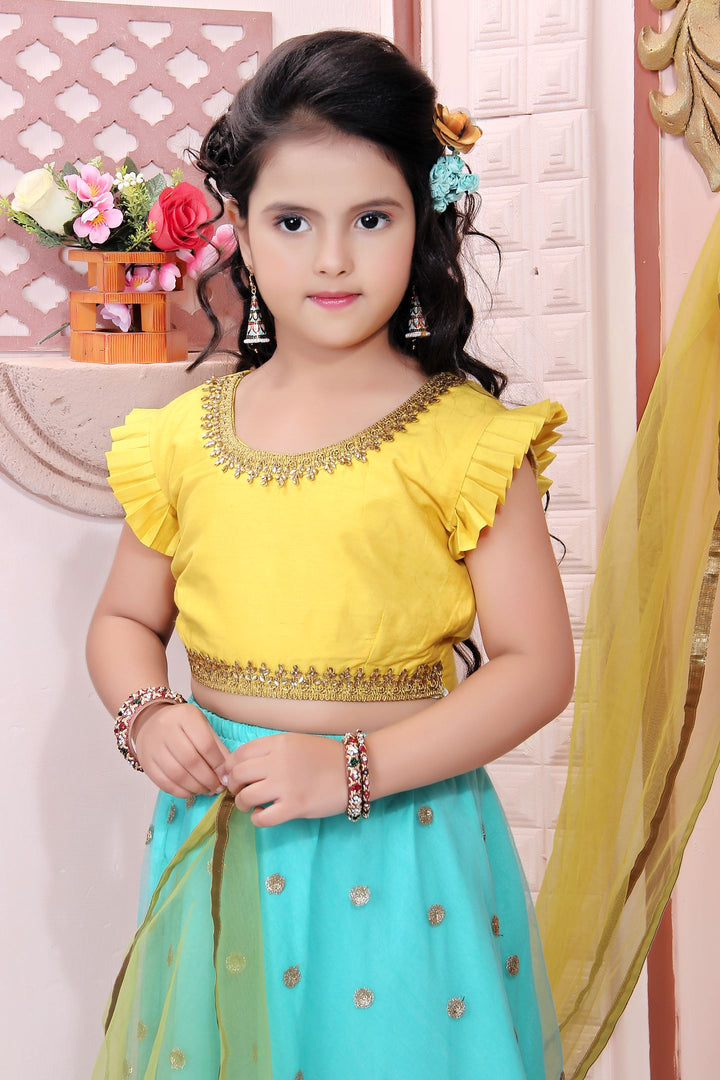 Yellow Embroidery Cotton A Line Lehenga Choli Dupatta