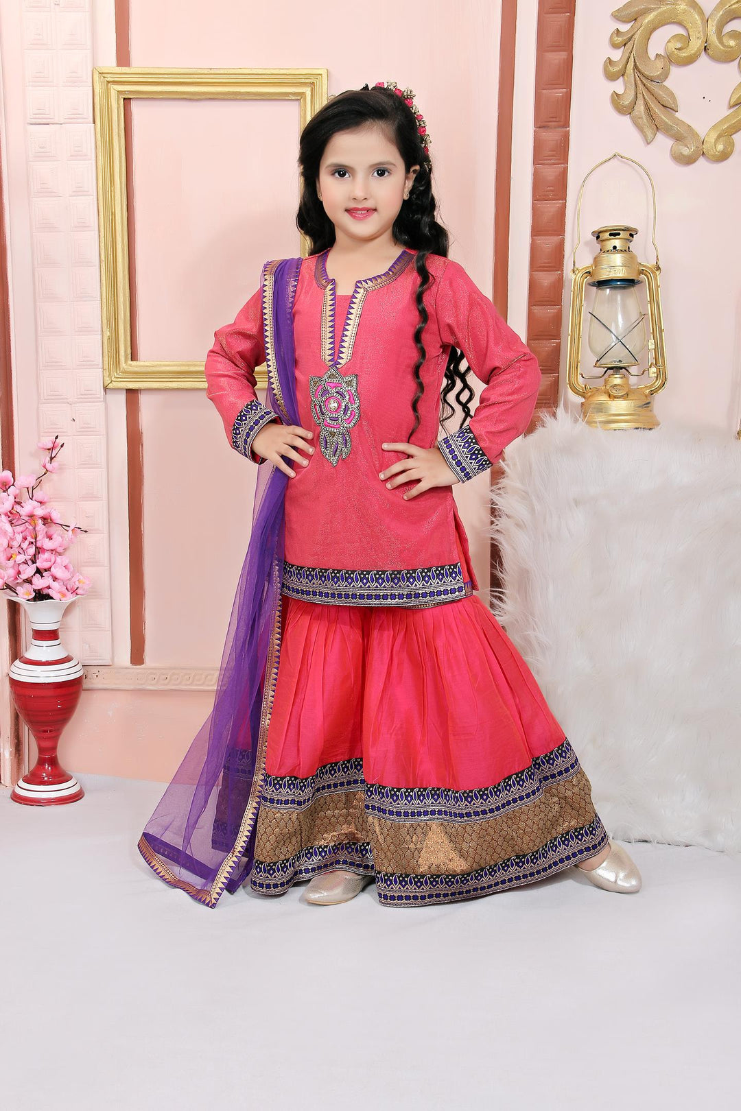 Pink Shimmer Net Straight Kids Salwar Suit