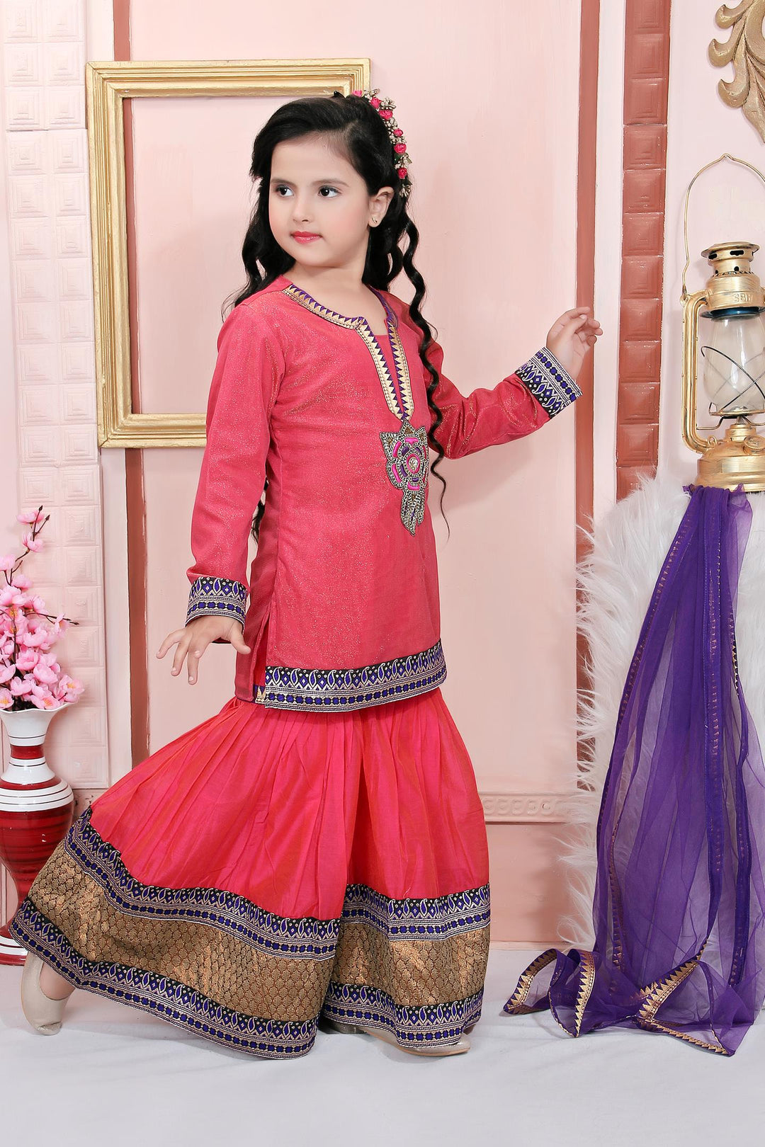Pink Shimmer Net Straight Kids Salwar Suit